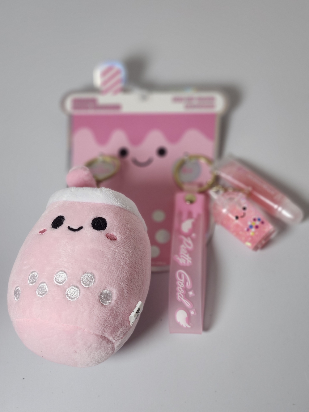 Pink Bobba Tea Plush Keychain & Lip Gloss Set